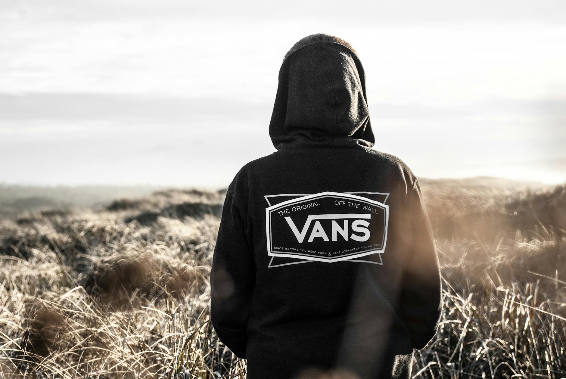 photo of person wearing black vans hoodie